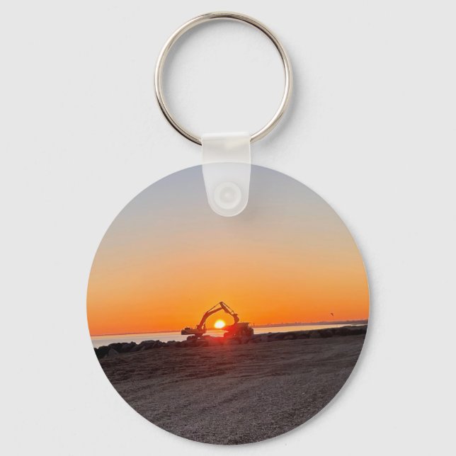 Digger and Lorry Framing setting sun by the sea  Keychain (Front)