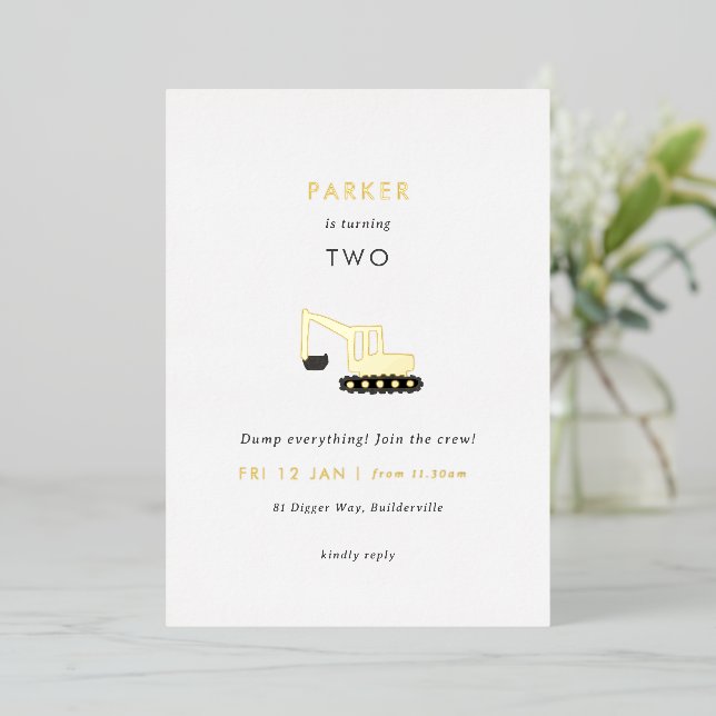 Digger Construction Party Foil Birthday Invite (Standing Front)