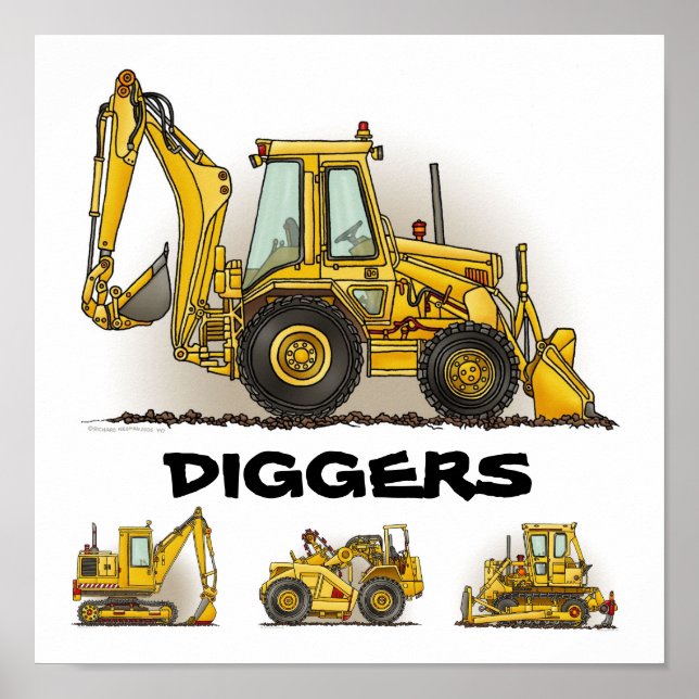 Diggers Backhoe Dozers Construction Poster Print (Front)