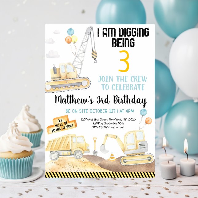 Digging Being Three Construction Birthday Invitation (Creator Uploaded)