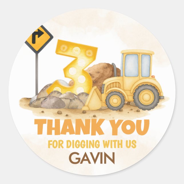 Digging It Construction Truck 3rd Birthday Party Classic Round Sticker (Front)