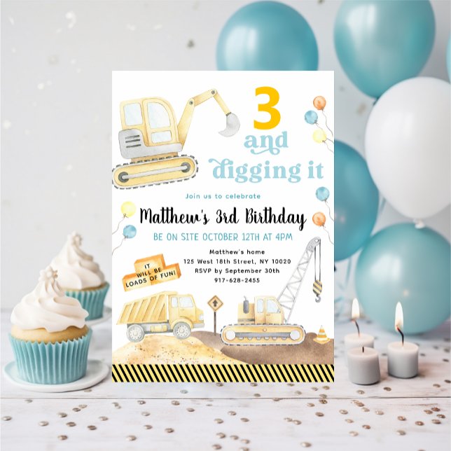 Digging It Construction Trucks Birthday Invitation (Creator Uploaded)