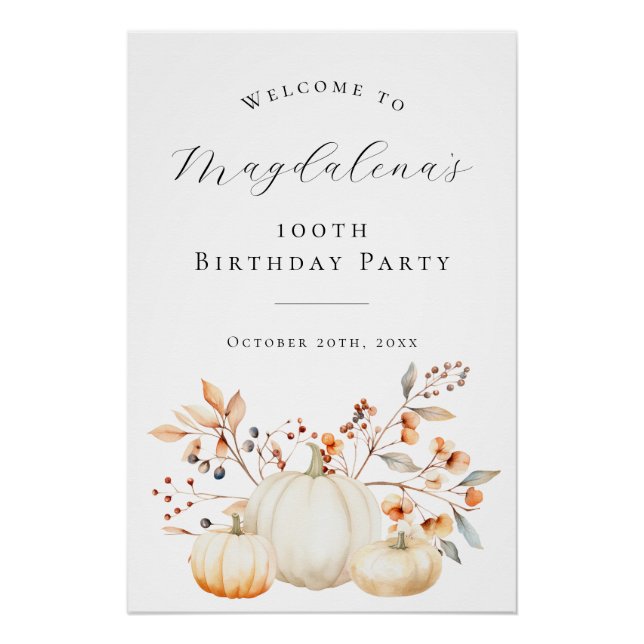 DIGITAL 100th Birthday Pumpkin Fall Leaves Welcome Poster (Front)