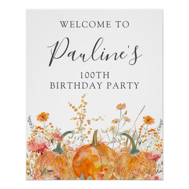DIGITAL 100th Birthday Pumpkin Wildflower Welcome Poster (Front)
