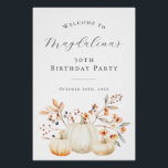 DIGITAL 30th Birthday Pumpkin Fall Leaves Welcome Poster<br><div class="desc">Elegant white pumpkins and fall leaves create a beautiful border at the bottom of this birthday party welcome sign. A trendy font combination gives it a modern aesthetic. All of the text is editable.</div>