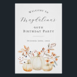 DIGITAL 90th Birthday Pumpkin Fall Leaves Welcome Poster<br><div class="desc">Elegant white pumpkins and fall leaves create a beautiful border at the bottom of this birthday party welcome sign. A trendy font combination gives it a modern aesthetic. All of the text is editable.</div>