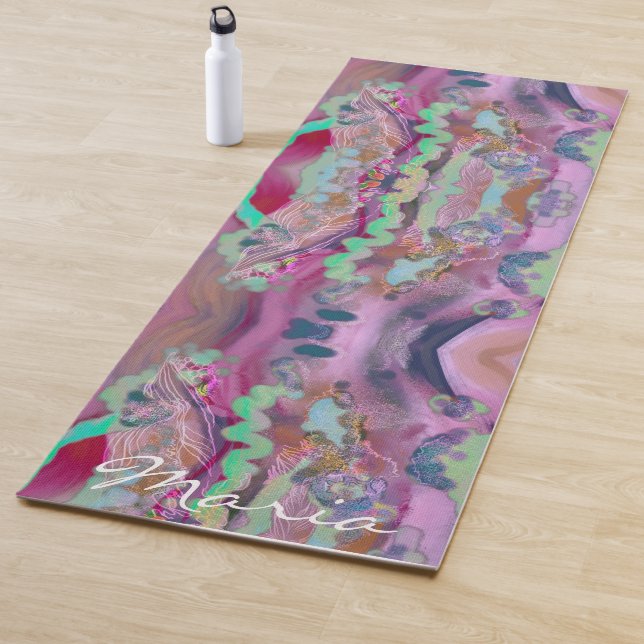 Digital Abstract art yoga mat Trendy pink & mint (In Situ)