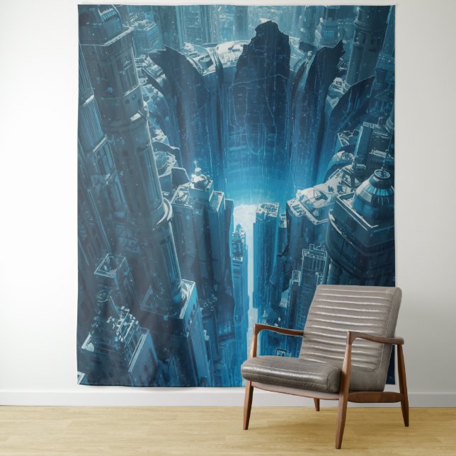 “Digital Abyss – Futuristic Cityscape Glowing  Tapestry (In Situ)