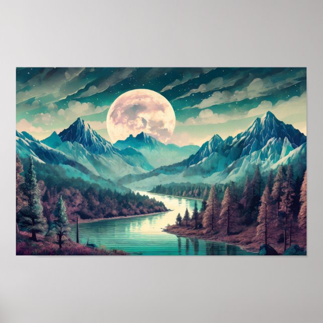 Digital art illustration of a river and moon poster (Front)