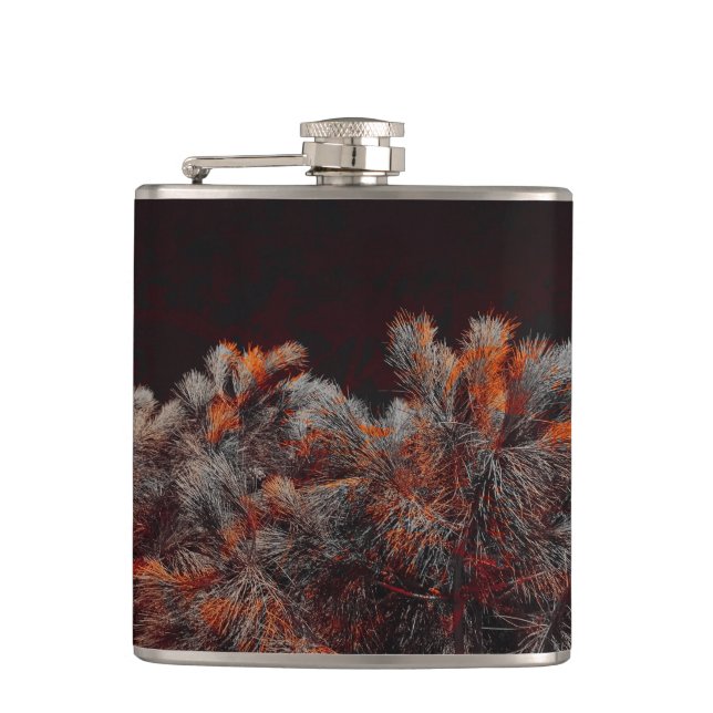 Digital art of pine tree with orange colour spots hip flask (Front)