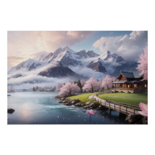 Digital Art Pink Sakura Tree with Mountain View Poster