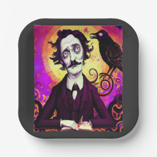 Digital Art Vintage Edgar Allan Poe Raven  Paper Plate