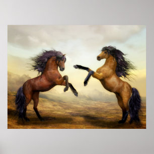 Digital art, wild horses rearing up on hind legs: poster