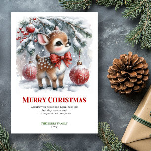Digital Baby Deer Snowy Forest Watercolor Greeting Holiday Card
