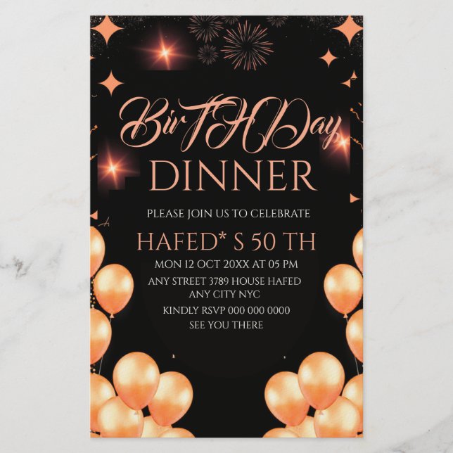 Digital Birthday Dinner Invitation Template, Black Stationery (Front)