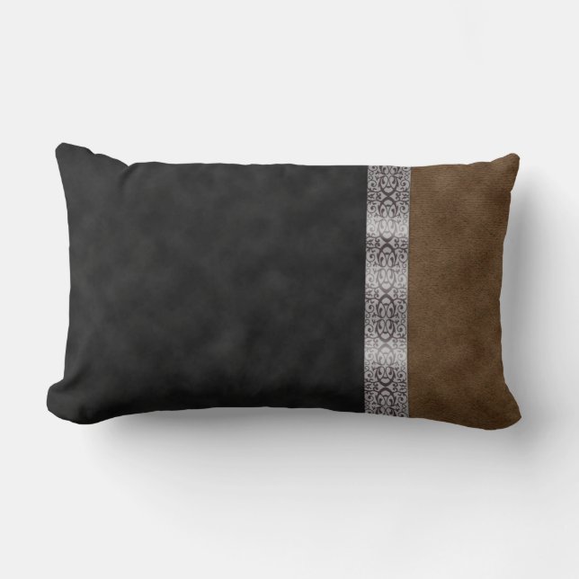 Digital Black Brown Suede Art Nouveau Ribbon Lumbar Pillow (Front)