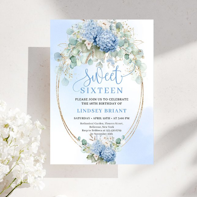 Digital Blue Hydrangea Gold Sweet Sixteen Invite (Digital Blue Hydrangea Gold Sweet Sixteen Invitation)