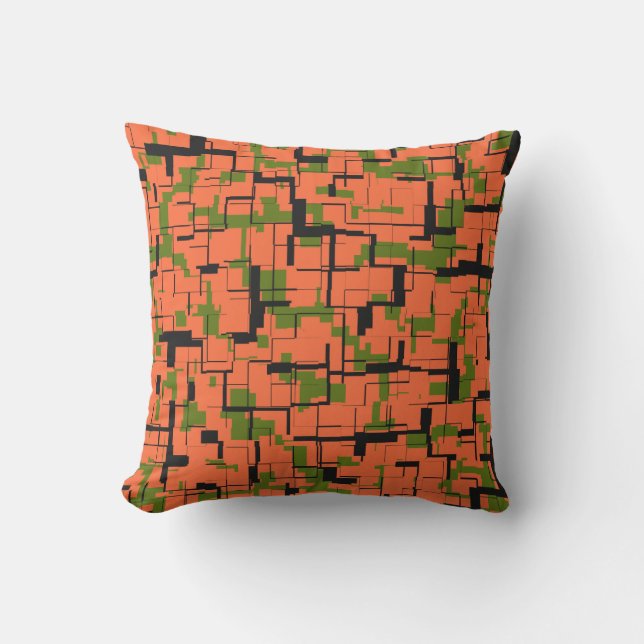 Digital Camo Green Orange Black Pattern Outdoor Pillow (Front)