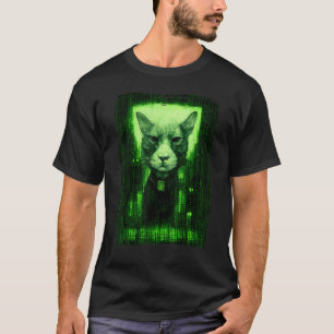 Digital Cat Sketch Surrounded By Green Computer Co T-Shirt