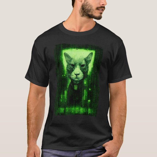 Digital Cat Sketch Surrounded By Green Computer Co T-Shirt (Front)