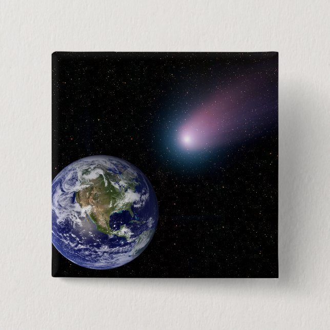 Digital composite of a comet heading towards Ea 2 Inch Square Button (Front)