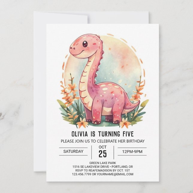 Digital Cute Funny Dinosaur Girl Birthday Invitation (Front)