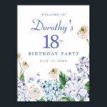 Digital Download Hydrangea 18th Birthday Welcome Poster<br><div class="desc">You can download this summer floral welcome sign immediately. Soft dusty blue and purple hydrangeas mix with soft blush white and pink wild roses. The birthday celebrant's name is written in an easy-to-read script font. the Birthday year and date follow in a bold traditional serif font. All of the text...</div>
