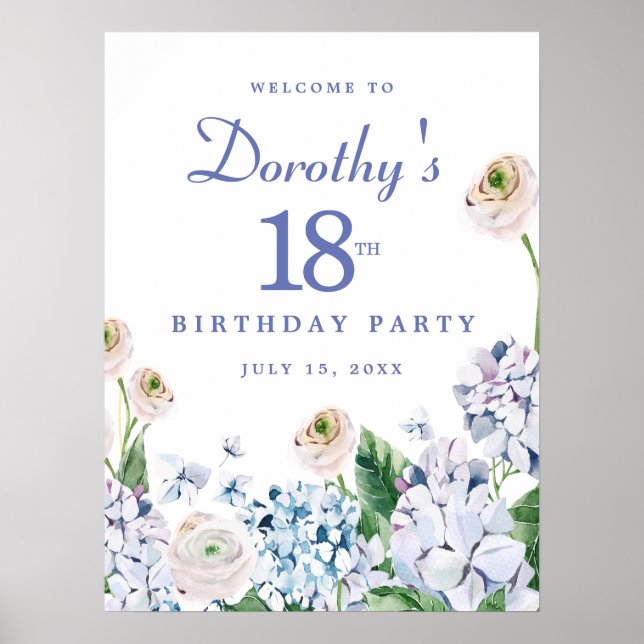 Digital Download Hydrangea 18th Birthday Welcome Poster (Front)