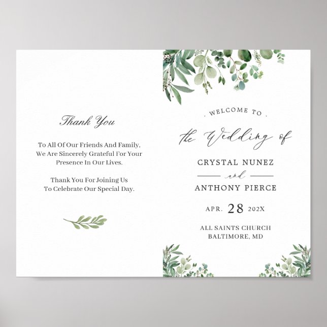 (Digital/Front) Eucalyptus Leaves Wedding Program Poster (Front)