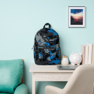Digital Glitch Camo Backpack - Custom Name Blue