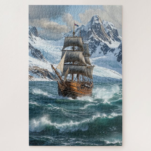 Digital illustration of sailing ship in the ocean jigsaw puzzle (Vertical)