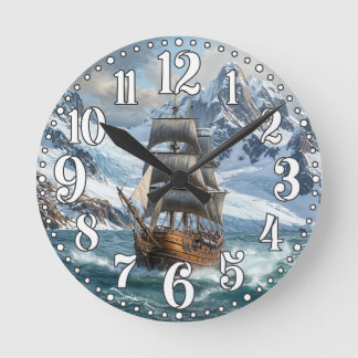 Digital illustration of sailing ship in the ocean round clock