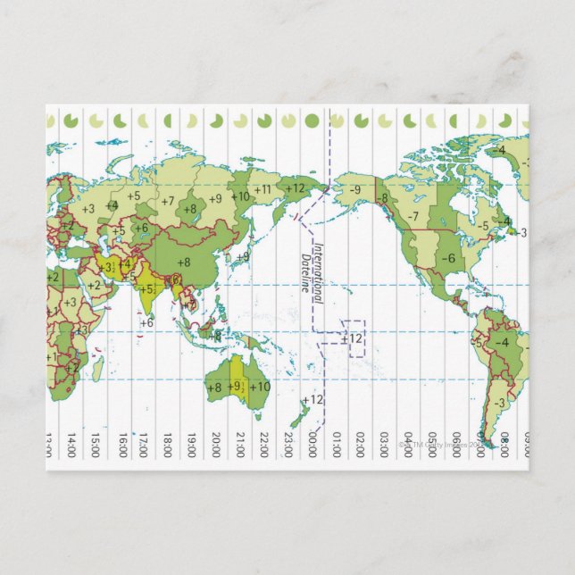 Digital illustration of world map showing time postcard (Front)