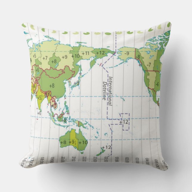 Digital illustration of world map showing time throw pillow (Front)