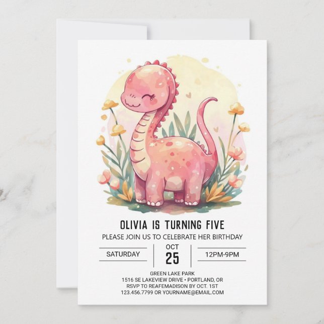 Digital Magical Elegant Dinosaur Girl Birthday Invitation (Front)