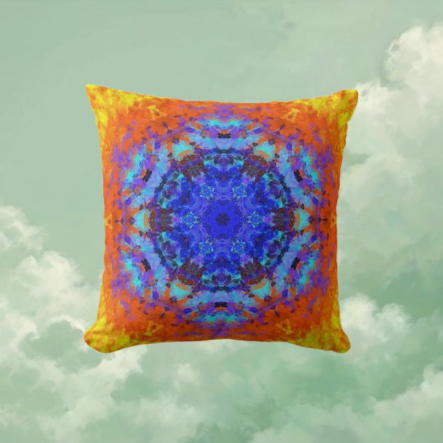 Digital Mandala Blue Orange and Yellow Throw Pillow (Blue Orange and Yellow Digital Mandala Throw Pillow by Wormhole Orbital)