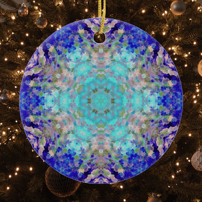 Digital Mandala Blue Purple and White Ceramic Ornament (Creator Uploaded)