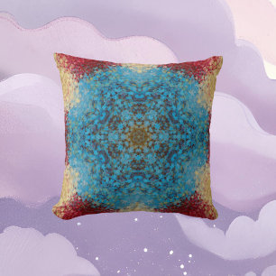 Digital Mandala Blue Red and Yellow Throw Pillow