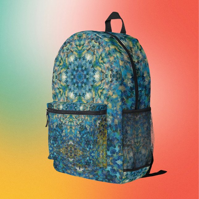 Digital Mandala Blue White and Yellow Printed Backpack (Creator Uploaded)
