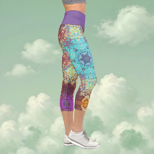 Digital Mandala Blue Yellow and Purple Capri Leggings