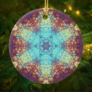 Digital Mandala Blue Yellow and Purple Ceramic Ornament