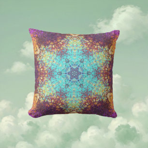 Digital Mandala Blue Yellow and Purple Throw Pillow