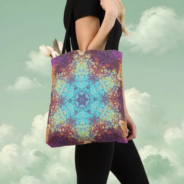 Digital Mandala Blue Yellow and Purple Tote Bag (Blue Yellow and Purple Digital Paint Mandala Tote Bag By Wormhole Orbital)