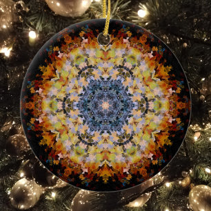 Digital Mandala Blue Yellow Orange and Black Ceramic Ornament