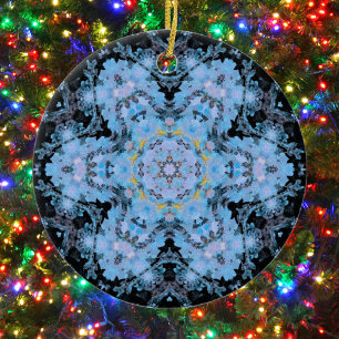 Digital Mandala Flower Blue and Black Ceramic Ornament