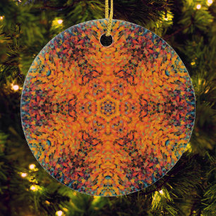 Digital Mandala Orange Blue and Yellow Ceramic Ornament