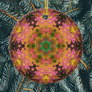 Digital Mandala Pink Yellow and Green Ceramic Ornament