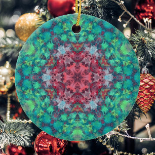 Digital Mandala Red Green and Blue Ceramic Ornament