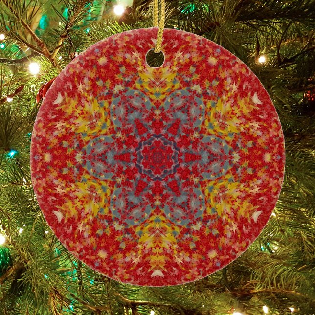 Digital Mandala Red Yellow and Blue Ceramic Ornament (Red Yellow and Blue Digital Paint Mandala Ornament by Wormhole Orbital)