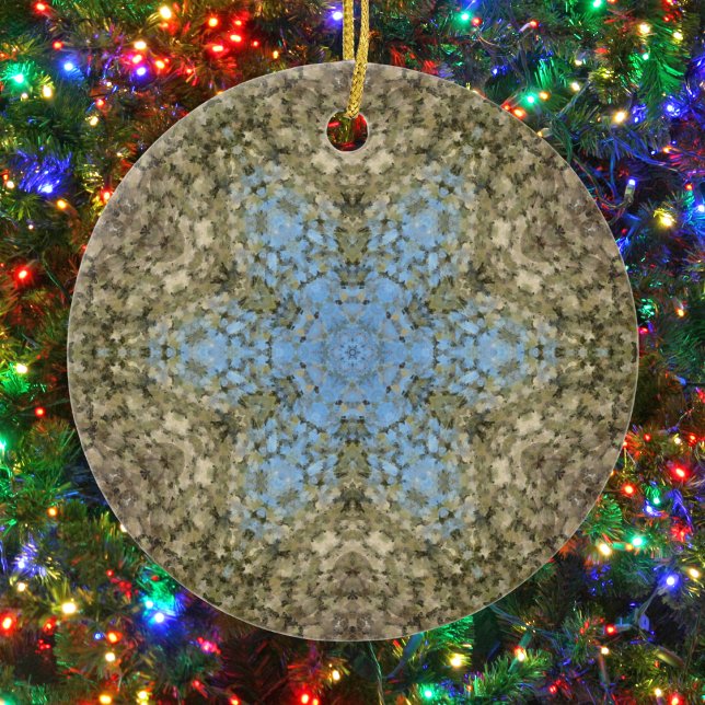 Digital Mandala Yellow and Blue Ceramic Ornament (Yellow and Blue Hexagon Mandala Ornament by Wormhole Orbital)